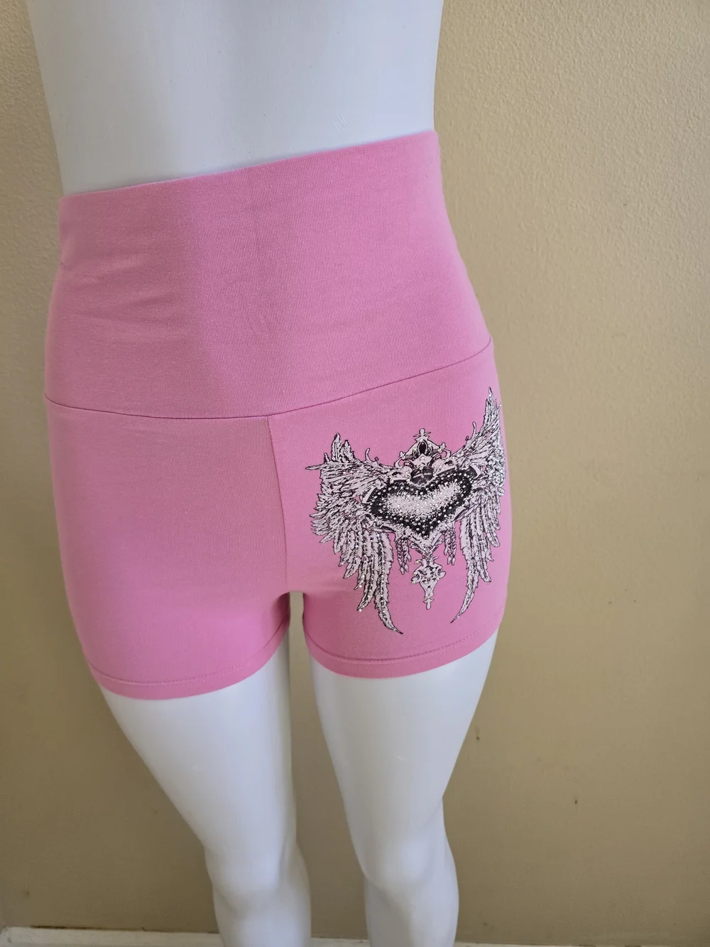 High-Waist Pink Winged Heart Bike Shorts